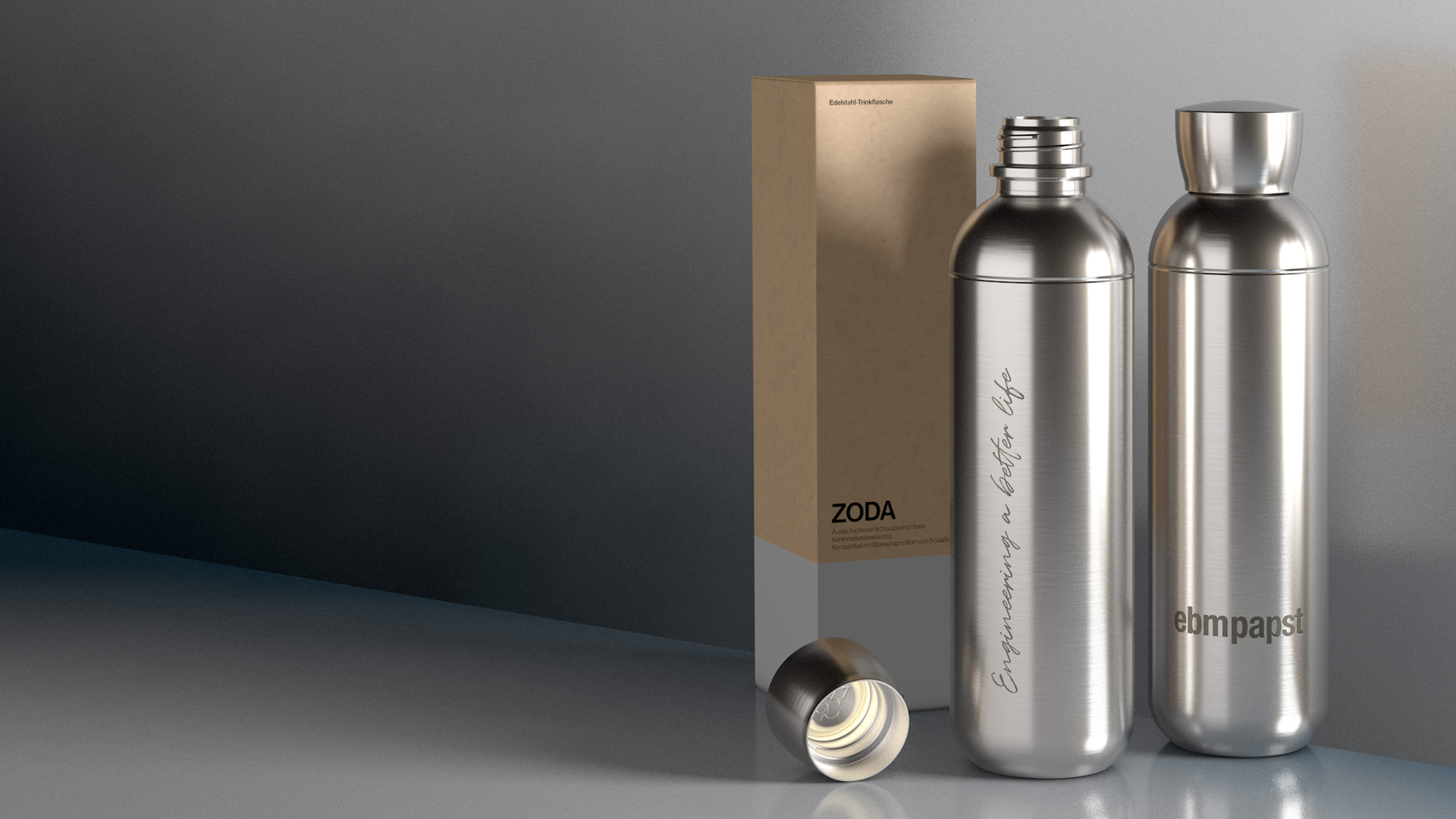 Trinkflasche für den Wasserspender: ZODA aus Edelstahl mit Verbackung